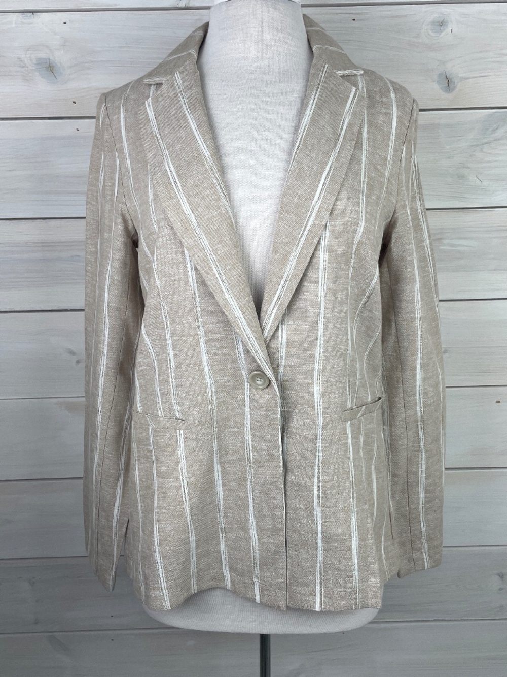 DREW Womens Tan White Striped Linen Blazer Jacket Size Small - NWT $262 - Picture 2 of 7